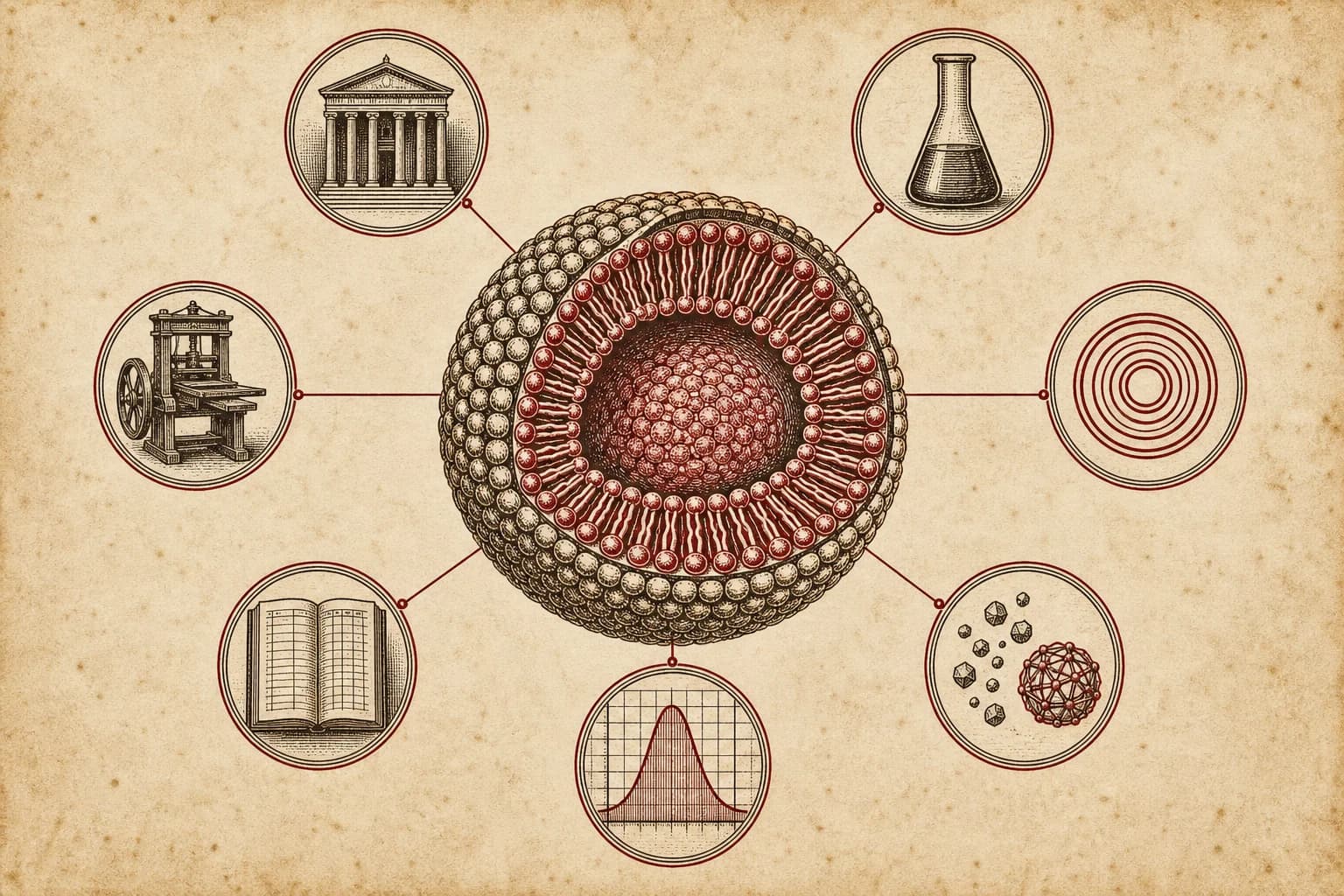 Engraved plate of an Ultrasomal® liposome in cross-section, keyed to the seven points of our standard